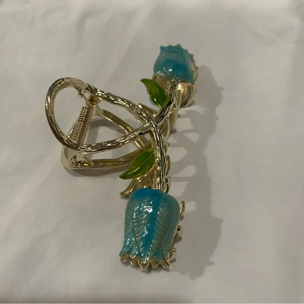 Double Blue Tulips Large Gold Hair Claw Clip